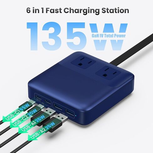 USB C Charger Block,135W GaN IV Fast Charging Station Hub,6-in-1 USB C Power Strip with Flat Plug and 5ft Cord,2 AC,2 USB A,2 USB C,PD 65W Laptop Charger for MacBook Air/Pro,iPhone16/15,Galaxy S24 etc in Saudi Arabia