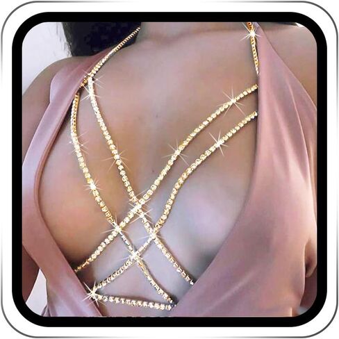Graeen Rhinestone Bra Body Chains Crystal Chest Chain Cross Bra Chain Summer Body Jewelry for Women and Girls in Kuwait