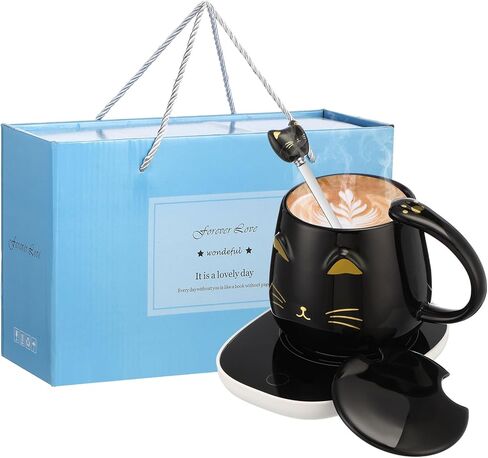 Cat Coffee Cup Warmer Coffee Warmer with Mug for Women Electric Coffee Mug Heater Temperature Control Ceramic Cute Cat Smart Coffee Warmer for Office Christmas Birthday Gift (White) in Kuwait
