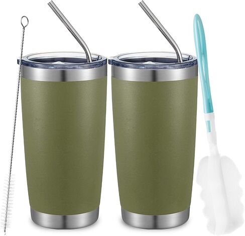 COMOOO 20oz Double Wall Vacuum Insulated Travel Mug, Stainless Steel Tumbler with Lid and Straw Durable Powder Coated Insulated Coffee Cup for Cold & Hot Drinks (Army Green, 2 Pack in Saudi Arabia