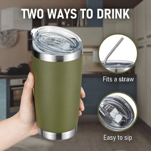 COMOOO 20oz Double Wall Vacuum Insulated Travel Mug, Stainless Steel Tumbler with Lid and Straw Durable Powder Coated Insulated Coffee Cup for Cold & Hot Drinks (Army Green, 2 Pack in Saudi Arabia