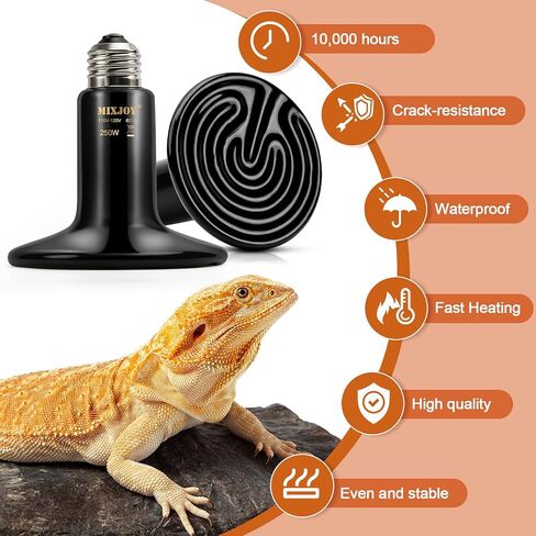 MIXJOY 250W Reptile Heat Lamp 2Pack Ceramic Heat Emitters Reptile Heat Lamp Bulbs, No Light Emitting Ceramic Heat Bulbs for Amphibian Terrarium Reptile Gecko Lizard Bearded Dragon Turtle Chicken Snake in Saudi Arabia