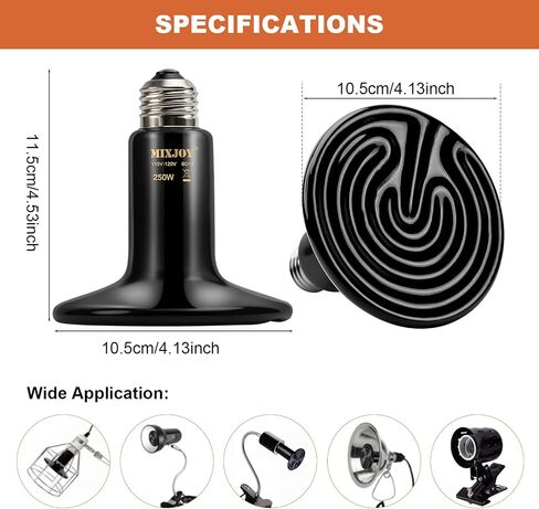MIXJOY 250W Reptile Heat Lamp 2Pack Ceramic Heat Emitters Reptile Heat Lamp Bulbs, No Light Emitting Ceramic Heat Bulbs for Amphibian Terrarium Reptile Gecko Lizard Bearded Dragon Turtle Chicken Snake in Saudi Arabia