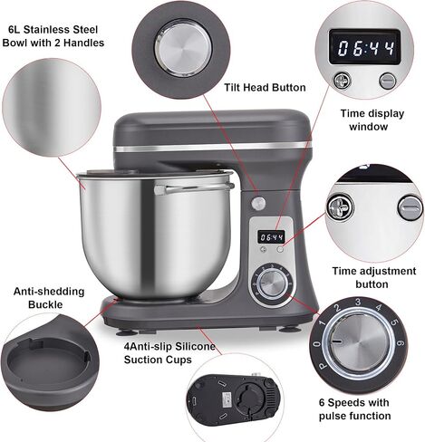 Biolomix Kitchen Electric Stand Mixer, 6 Speed Tilt Head Food Mixer with 6.5 QT Stainless Steel Bowl, Dough Hook, Flat Beater, Whisk and Anti Splash Cover, Red (6.5 QT, Black) in Saudi Arabia