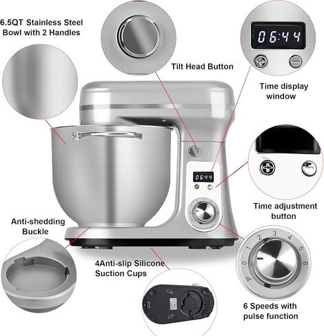 خلاط كهربائي للمطبخ من Biolomix، خلاط طعام برأس مائل 6 سرعات مع وعاء من الفولاذ المقاوم للصدأ سعة 6.5 لتر، وخطاف عجين، ومضرب مسطح، وخفق وغطاء مضاد للرذاذ، أحمر (6.5 لتر، أسود) in Kuwait