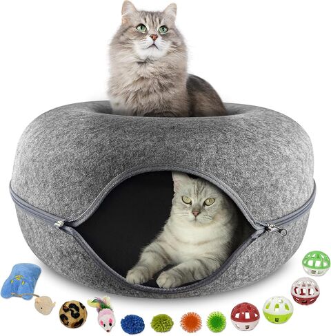 Cat Tunnel Bed – Large Cat Donut Tunnel with 12-Pcs Cat Toy Set – Soft Felt Cat Caves for Indoor Cats with Upgraded Zipper – Scratch-Resistant Cat Cave Bed – Comfortable Peekaboo Cat Cave in Saudi Arabia