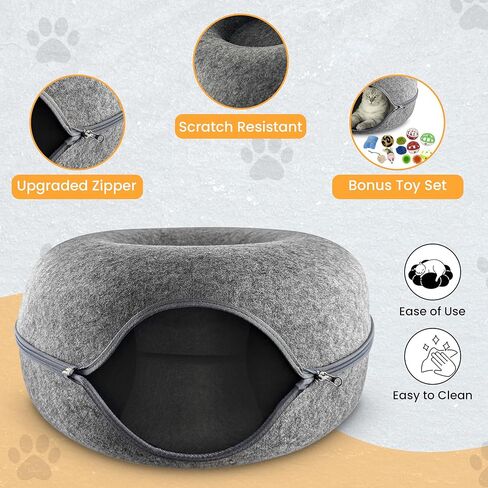 Cat Tunnel Bed – Large Cat Donut Tunnel with 12-Pcs Cat Toy Set – Soft Felt Cat Caves for Indoor Cats with Upgraded Zipper – Scratch-Resistant Cat Cave Bed – Comfortable Peekaboo Cat Cave in Saudi Arabia