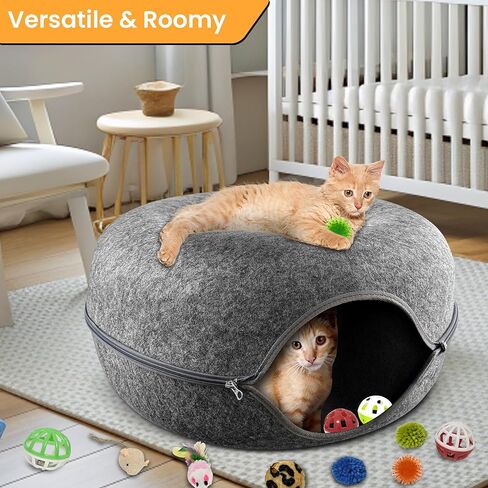 Cat Tunnel Bed – Large Cat Donut Tunnel with 12-Pcs Cat Toy Set – Soft Felt Cat Caves for Indoor Cats with Upgraded Zipper – Scratch-Resistant Cat Cave Bed – Comfortable Peekaboo Cat Cave in Saudi Arabia