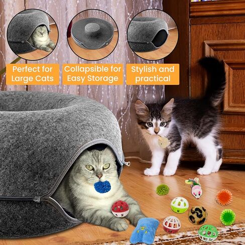 Cat Tunnel Bed – Large Cat Donut Tunnel with 12-Pcs Cat Toy Set – Soft Felt Cat Caves for Indoor Cats with Upgraded Zipper – Scratch-Resistant Cat Cave Bed – Comfortable Peekaboo Cat Cave in Saudi Arabia