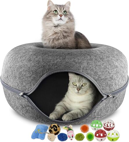 Cat Tunnel Bed – Large Cat Donut Tunnel with 12-Pcs Cat Toy Set – Soft Felt Cat Caves for Indoor Cats with Upgraded Zipper – Scratch-Resistant Cat Cave Bed – Comfortable Peekaboo Cat Cave in Saudi Arabia