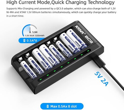 شاحن بطارية XTAR BC8 قابل للشحن 1.5 فولت AAA (شاحن BC8 + بطاريات AAA 8*1.5 فولت) in Kuwait