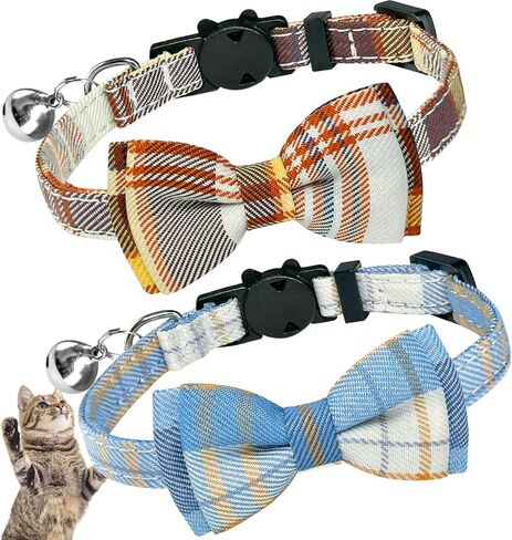 Cat Collar Plaid with Bells Breakaway Cat Collar Bowtie 2 Pack,for Girl/Boy Kitten Accessories for Indoor Cats, Adjustbale Collar with Cat Buckle for Daily Birthday Christmas (Green + White) in Saudi Arabia