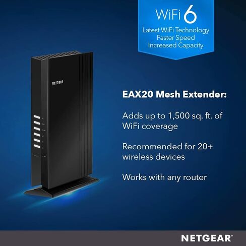 موسع نطاق الشبكة NETGEAR WiFi 6 (EAX20) - أضف ما يصل إلى 1500 قدم مربع وأكثر من 20 جهازًا مع معزز ومكرر الإشارة اللاسلكية ثنائي النطاق AX1800 (سرعة تصل إلى 1.8 جيجابت في الثانية)، بالإضافة إلى التجوال الذكي (متجدد) in Saudi Arabia
