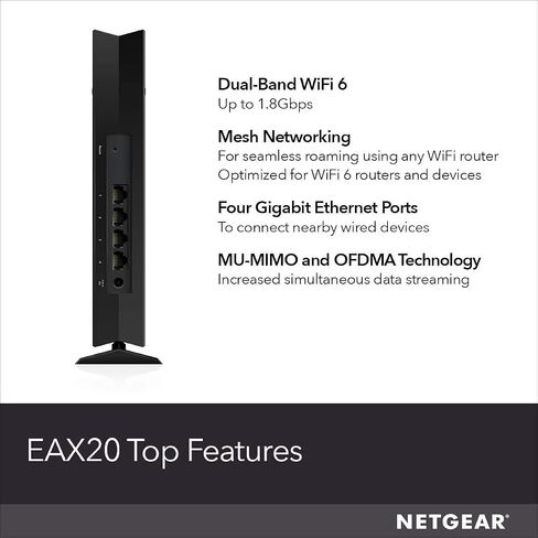 موسع نطاق الشبكة NETGEAR WiFi 6 (EAX20) - أضف ما يصل إلى 1500 قدم مربع وأكثر من 20 جهازًا مع معزز ومكرر الإشارة اللاسلكية ثنائي النطاق AX1800 (سرعة تصل إلى 1.8 جيجابت في الثانية)، بالإضافة إلى التجوال الذكي (متجدد) in Saudi Arabia