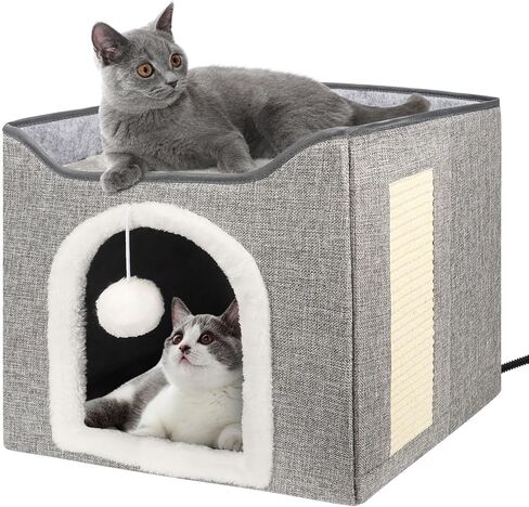 Heated Cat Bed for Indoor Cats, Foldable Cat House with Removable Heating Pad for Cats Small Dog Covered Cat Bed Cave Kitty Hideaway with with Scratch Pad, All Season Use in Saudi Arabia