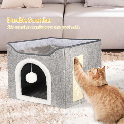 Heated Cat Bed for Indoor Cats, Foldable Cat House with Removable Heating Pad for Cats Small Dog Covered Cat Bed Cave Kitty Hideaway with with Scratch Pad, All Season Use in Saudi Arabia
