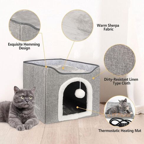 Heated Cat Bed for Indoor Cats, Foldable Cat House with Removable Heating Pad for Cats Small Dog Covered Cat Bed Cave Kitty Hideaway with with Scratch Pad, All Season Use in Saudi Arabia