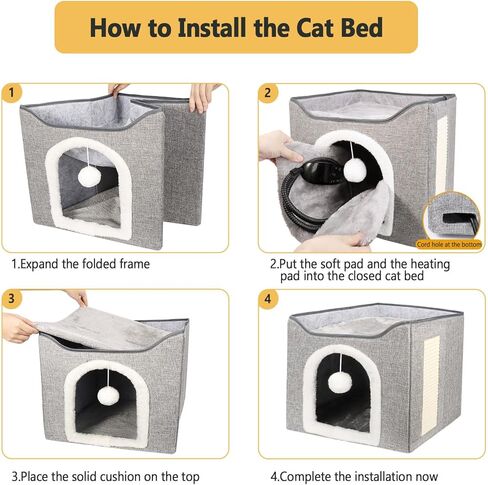 Heated Cat Bed for Indoor Cats, Foldable Cat House with Removable Heating Pad for Cats Small Dog Covered Cat Bed Cave Kitty Hideaway with with Scratch Pad, All Season Use in Saudi Arabia