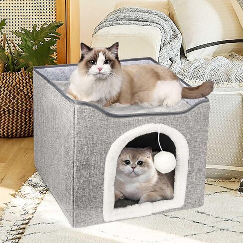 Heated Cat Bed for Indoor Cats, Foldable Cat House with Removable Heating Pad for Cats Small Dog Covered Cat Bed Cave Kitty Hideaway with with Scratch Pad, All Season Use in Saudi Arabia