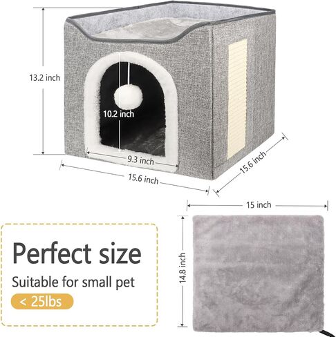 Heated Cat Bed for Indoor Cats, Foldable Cat House with Removable Heating Pad for Cats Small Dog Covered Cat Bed Cave Kitty Hideaway with with Scratch Pad, All Season Use in Saudi Arabia