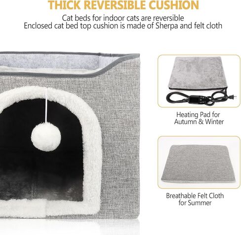 Heated Cat Bed for Indoor Cats, Foldable Cat House with Removable Heating Pad for Cats Small Dog Covered Cat Bed Cave Kitty Hideaway with with Scratch Pad, All Season Use in Saudi Arabia