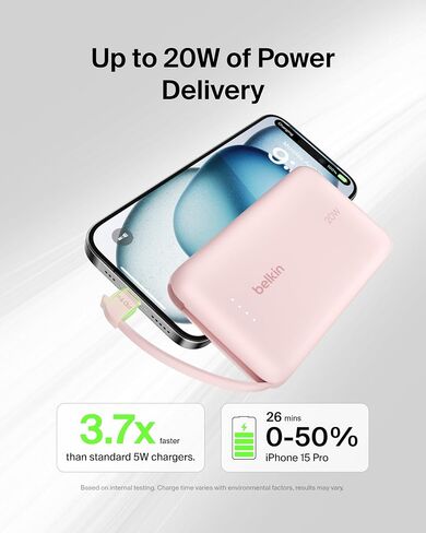 بنك طاقة بيلكين، بنك طاقة محمول مع كابل مدمج 10K PD 20 وات - توصيل طاقة USB-C سريع الشحن، شاحن iPhone محمول لسلسلة iPhone 16 وiPad Pro وGalaxy S24 والمزيد - وردي in Saudi Arabia