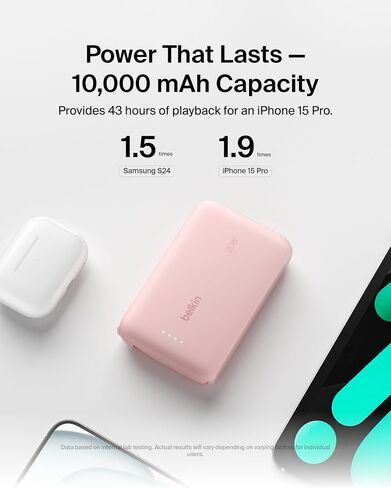 بنك طاقة بيلكين، بنك طاقة محمول مع كابل مدمج 10K PD 20 وات - توصيل طاقة USB-C سريع الشحن، شاحن iPhone محمول لسلسلة iPhone 16 وiPad Pro وGalaxy S24 والمزيد - وردي in Saudi Arabia