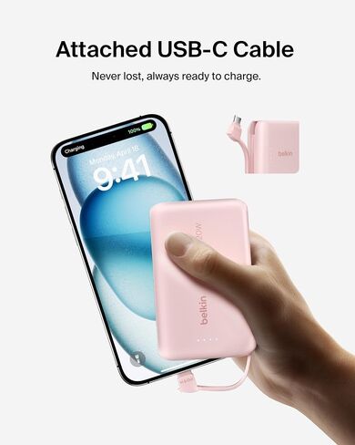 بنك طاقة بيلكين، بنك طاقة محمول مع كابل مدمج 10K PD 20 وات - توصيل طاقة USB-C سريع الشحن، شاحن iPhone محمول لسلسلة iPhone 16 وiPad Pro وGalaxy S24 والمزيد - وردي in Saudi Arabia