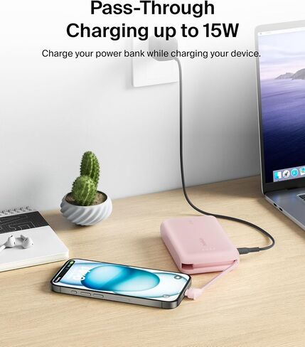 بنك طاقة بيلكين، بنك طاقة محمول مع كابل مدمج 10K PD 20 وات - توصيل طاقة USB-C سريع الشحن، شاحن iPhone محمول لسلسلة iPhone 16 وiPad Pro وGalaxy S24 والمزيد - وردي in Saudi Arabia