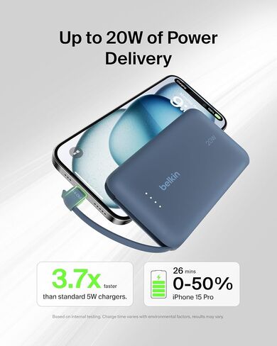 بنك طاقة بيلكين، بنك طاقة محمول مع كابل مدمج 10K PD 20 وات - توصيل طاقة USB-C سريع الشحن، شاحن iPhone محمول لسلسلة iPhone 16 وiPad Pro وGalaxy S24 والمزيد - وردي in Saudi Arabia