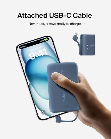 بنك طاقة بيلكين، بنك طاقة محمول مع كابل مدمج 10K PD 20 وات - توصيل طاقة USB-C سريع الشحن، شاحن iPhone محمول لسلسلة iPhone 16 وiPad Pro وGalaxy S24 والمزيد - وردي in Saudi Arabia