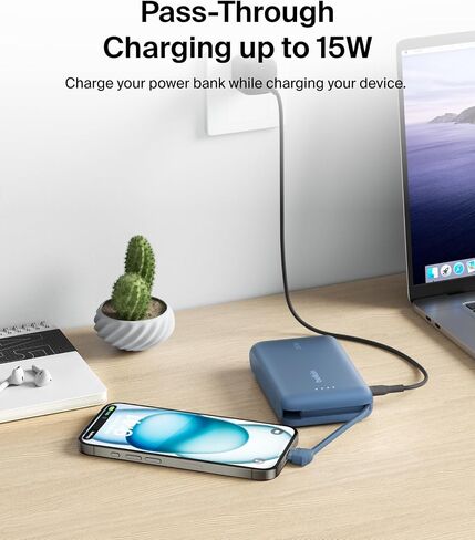 بنك طاقة بيلكين، بنك طاقة محمول مع كابل مدمج 10K PD 20 وات - توصيل طاقة USB-C سريع الشحن، شاحن iPhone محمول لسلسلة iPhone 16 وiPad Pro وGalaxy S24 والمزيد - وردي in Saudi Arabia