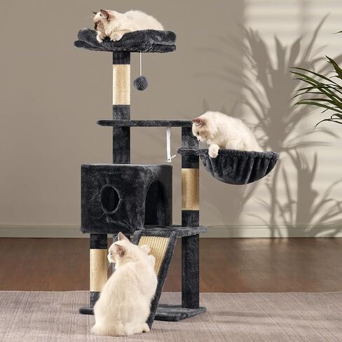 Hey-brother Cat Tree, 42.5-Inches Cat Tower for Indoor Cats, Plush Multi-Level Kitten Cat Condo with Scratching Post, Ramp, Basket, Spacious Cat Cave, Hanging Ball, Smoky Gray MPJ007SG in Saudi Arabia