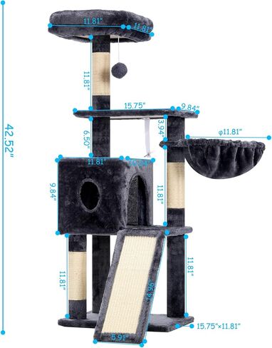 Hey-brother Cat Tree, 42.5-Inches Cat Tower for Indoor Cats, Plush Multi-Level Kitten Cat Condo with Scratching Post, Ramp, Basket, Spacious Cat Cave, Hanging Ball, Smoky Gray MPJ007SG in Saudi Arabia