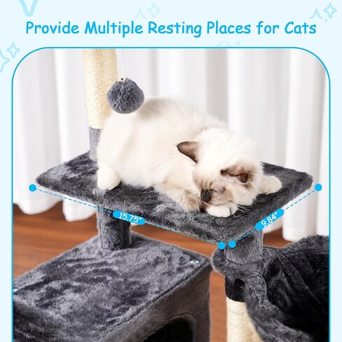 Hey-brother Cat Tree, 42.5-Inches Cat Tower for Indoor Cats, Plush Multi-Level Kitten Cat Condo with Scratching Post, Ramp, Basket, Spacious Cat Cave, Hanging Ball, Smoky Gray MPJ007SG in Saudi Arabia