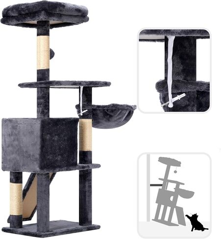 Hey-brother Cat Tree, 42.5-Inches Cat Tower for Indoor Cats, Plush Multi-Level Kitten Cat Condo with Scratching Post, Ramp, Basket, Spacious Cat Cave, Hanging Ball, Smoky Gray MPJ007SG in Saudi Arabia