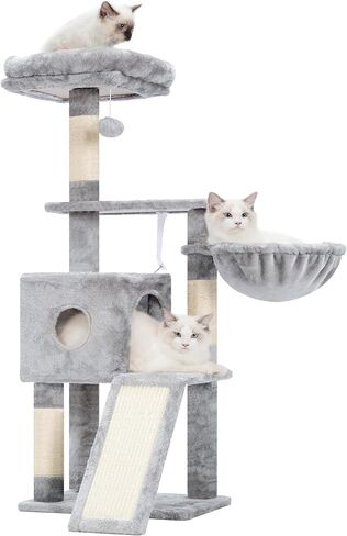 Hey-brother Cat Tree, 42.5-Inches Cat Tower for Indoor Cats, Plush Multi-Level Kitten Cat Condo with Scratching Post, Ramp, Basket, Spacious Cat Cave, Hanging Ball, Smoky Gray MPJ007SG in Kuwait