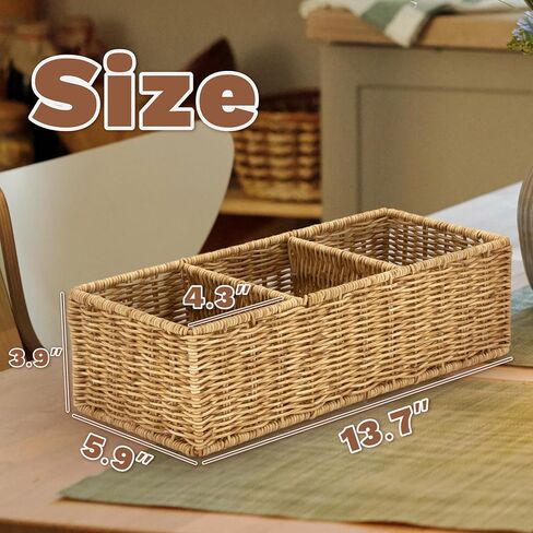 myHomeBody Wicker Basket With 3 Compartments, Woven Baskets for Organizing, Storage Basket, Toilet Tank Basket, Bathroom Counter Organizer, Bedroom Organization, Resin Wicker 1pc, Tan in Saudi Arabia