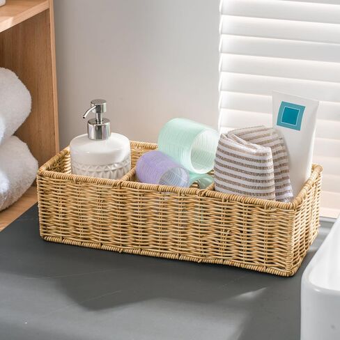 myHomeBody Wicker Basket With 3 Compartments, Woven Baskets for Organizing, Storage Basket, Toilet Tank Basket, Bathroom Counter Organizer, Bedroom Organization, Resin Wicker 1pc, Tan in Saudi Arabia