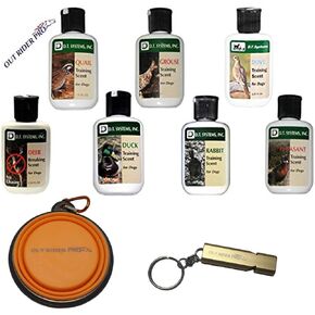 D.T. Systems Training Scent for Pets, 1-1/4-Ounce All 7 Flavors with Free Out Rider Pro Premium Water Bowl Silicone (Portable) Collapsible for Traveling and Hunting and Premium Golden Whistle 120DB