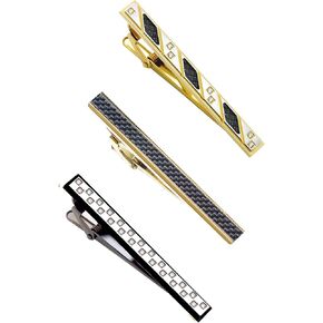 Mens 3 Pack Stainless Steel Tie Clips Set with Zirconia and Carbon Fiber Inlay - Gift for Groomsmen, Weddings, Business, silver,gold,white,black
