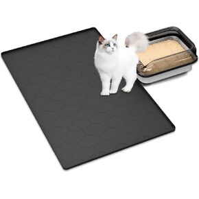 Large Silicone Cat Litter Mat: Easy to Clean Cat Litter Mat Soft and Waterproof Litter Box Mat (22"X34"- Black)
