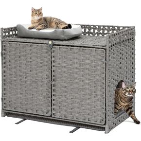 Cat Litter Box Enclosure with 2 Litter Mats for Dust Control, Litter Box Hideaway, Hidden Cat Box Furniture, Cat Box Enclosure, Handwoven Rattan Cat House with Three-Sided Fenced Top (Natural)