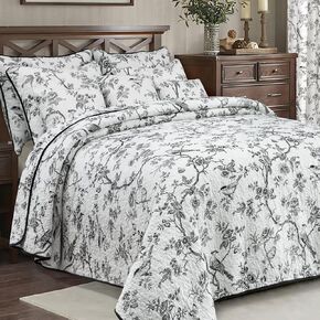 EVENHUG 100% Cotton Quilt Queen Size Black Bird Bedding Set Double Printing Lightweight Quilt Reversible Coverlet Bedspread with Pillow Shams All Seasons 3 Pieces (92"x96")