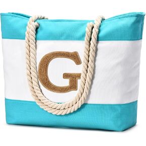 Becokan Initial Beach Bags for Women Canvas Tote Bag with Makeup Bag Travel Beach Essentials Personalized Gifts for Her Mom (M, Light Green)
