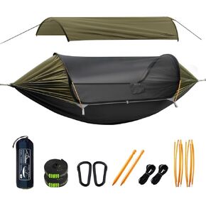 Camping Hammock Tent with Mosquito Net and Removable Sunshade, 4 in 1 Function, Lightweight Hanging Hammocks Tree Straps Swing, Bivvy Ground Tent for Outside, Hiking, and Travel