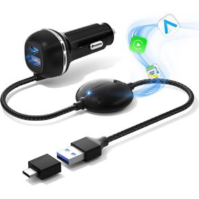 All-in-One Wireless Carplay & Android Auto Adapter with Fast Car Charger - 3 in 1 Cable for Stable Voltage, Enhanced Carplay/Android Auto Data. 48W, Dual USB C & A Ports