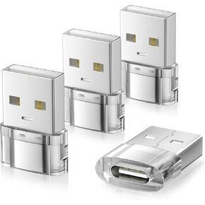 Elebase USB to USB C Adapter 4 Pack,Transparent Type-C Female to A Male Car Charger Converter for New iPhone 16 Pro Max Plus 15 14 13,Apple Watch 10 9 8,Airpods,iPad Air 5 Mini 6 7,Samsung S24 Ultra