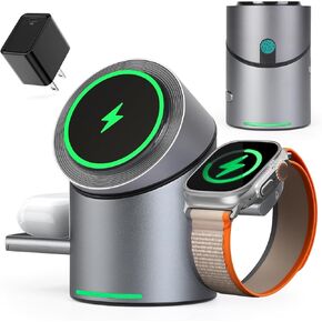 3 in 1 Auto Rotation Wireless Charging Station for Apple Devices, Mag-Safe Wireless Charging Stand, Qi2 15W Wireless Charging Station for iPhone 16, 15, 14, 13, 12 Series& AirPods& iWatch