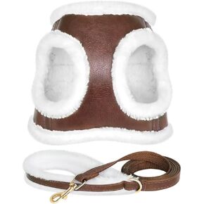 Beirui Leather Small Dog Harness and Leash Set, Soft Plush Padded Puppy Harness, Winter Warm Dog Harness, Step in No Chock No Pull Adjustable Dog Harness for Small Dog, Brown M